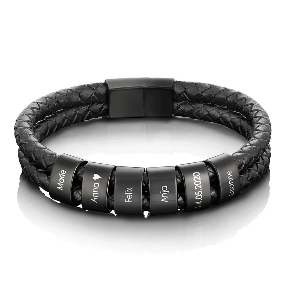 Pulsera de Cuero con Cuentas Grabadas