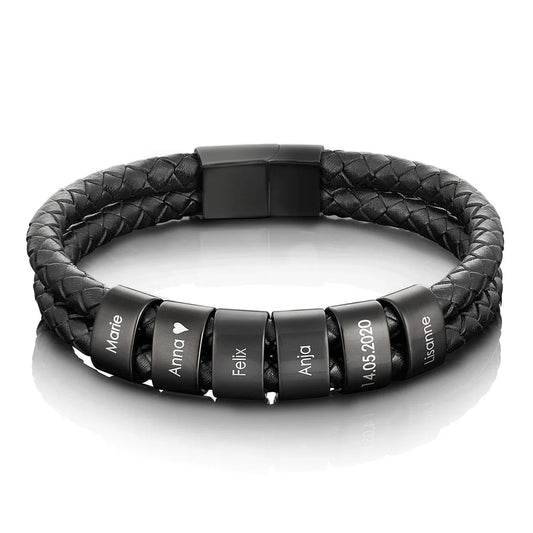 Pulsera de Cuero con Cuentas Grabadas